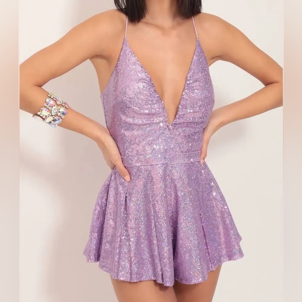 Lavender Sequin Plunge V-Neck Mini Dress